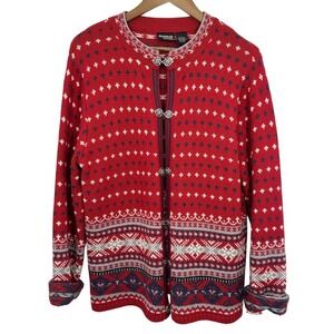 Guide Series Red Fair Isle Nordic Wool Blend Toggle Cardigan Sweater Heart Clasp